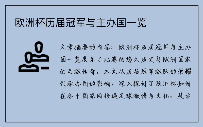 欧洲杯历届冠军与主办国一览